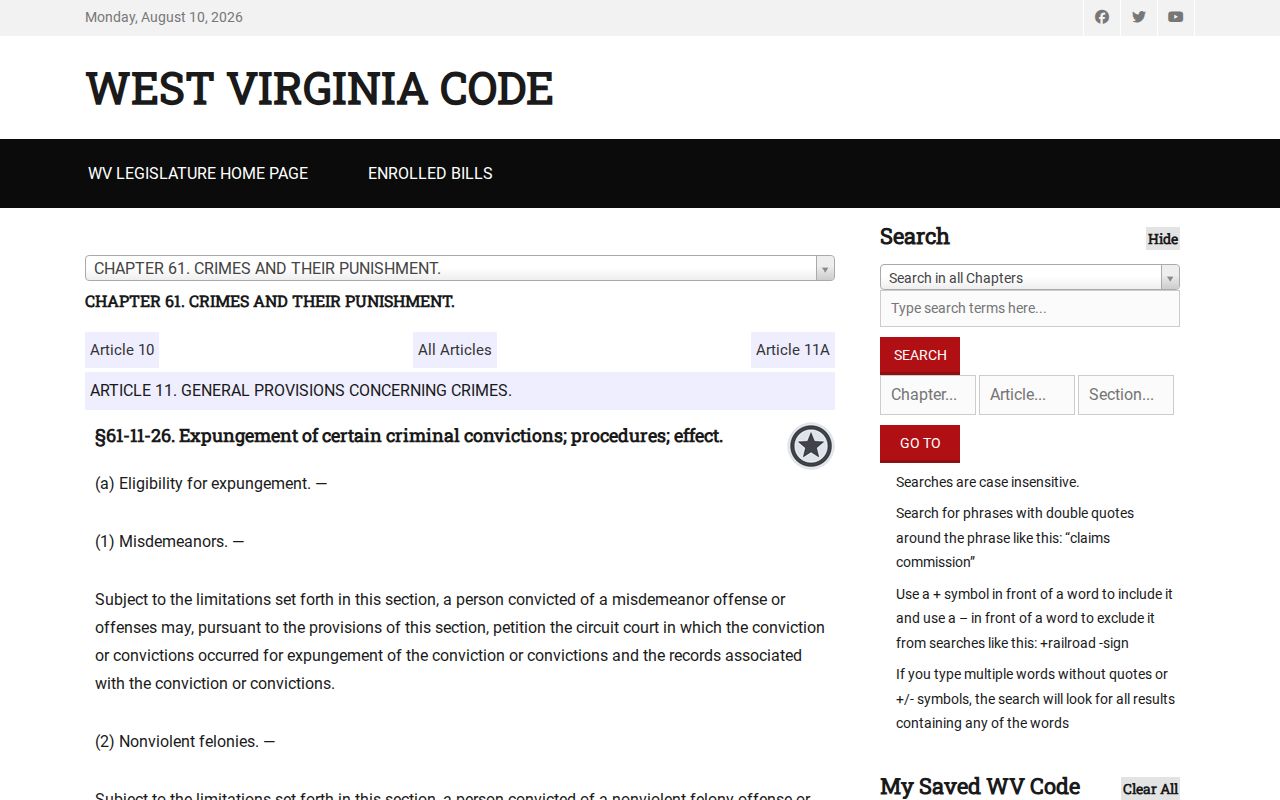 Pocahontas County criminal record conviction expungement law