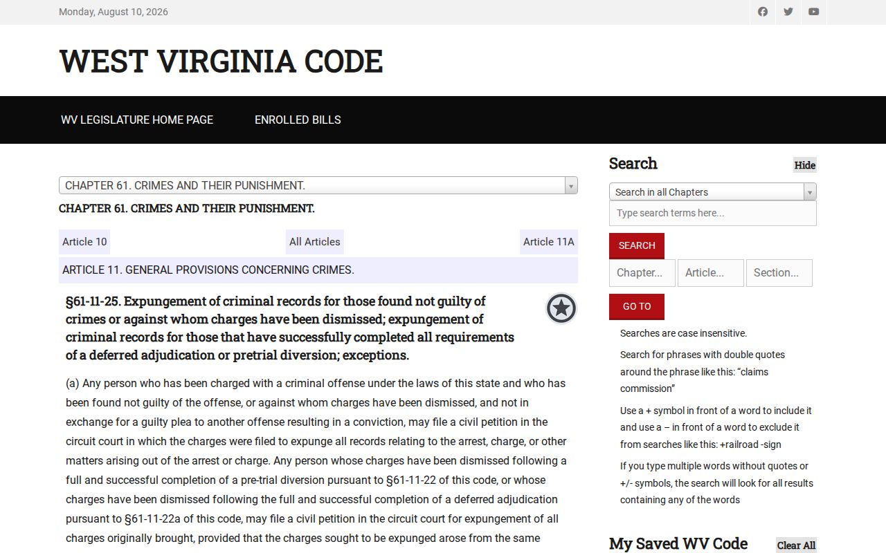 Pocahontas County criminal record dismissal expungement statute