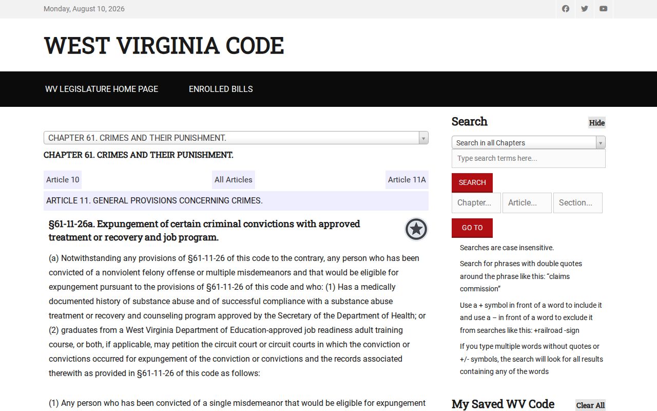 Pocahontas County criminal history recovery program expungement law